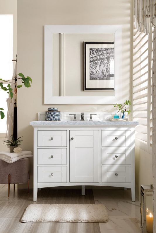 Palisades 48" Single Vanity, Bright  White w/ 3 CM Carrara Marble Top James Martin Vanities