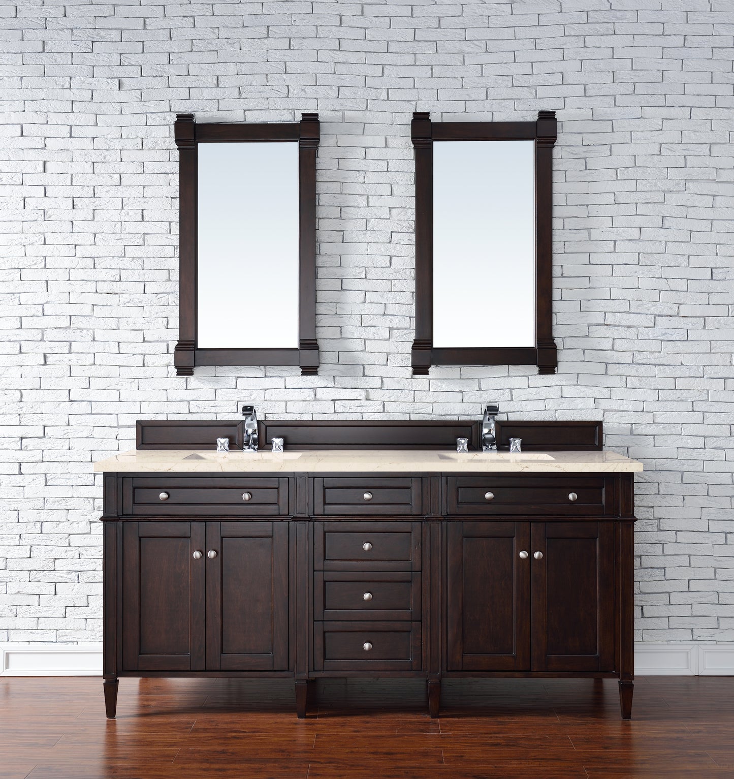 Brittany 72" Burnished Mahogany Double Vanity w/ 3 CM Eternal Marfil Quartz Top James Martin Vanities