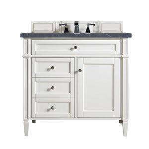 Brittany 36" Bright White Single Vanity w/ 3 CM Charcoal Soapstone Quartz Top James Martin Vanities