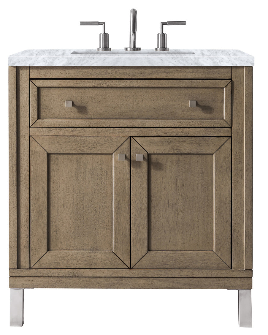 Chicago 30" Single Vanity, Whitewashed Walnut w/ 3 CM Carrara Marble Top James Martin Vanities
