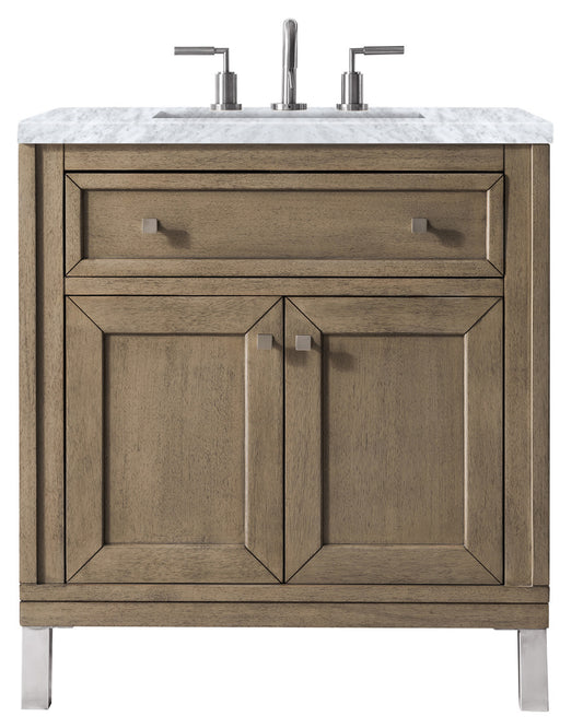 Chicago 30" Single Vanity, Whitewashed Walnut w/ 3 CM Carrara Marble Top James Martin Vanities
