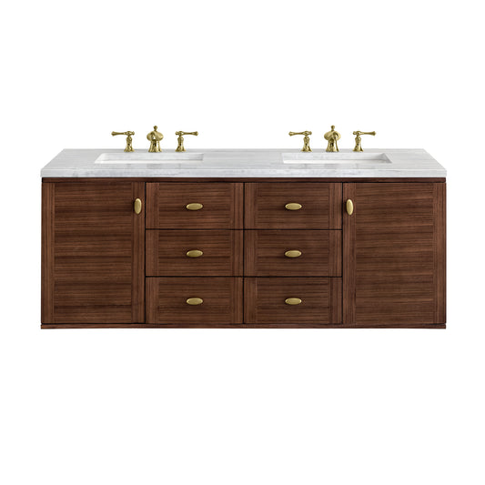 Amberly 60" Double Vanity, Mid-Century Walnut w/ 3CM Arctic Fall Top James Martin Vanities