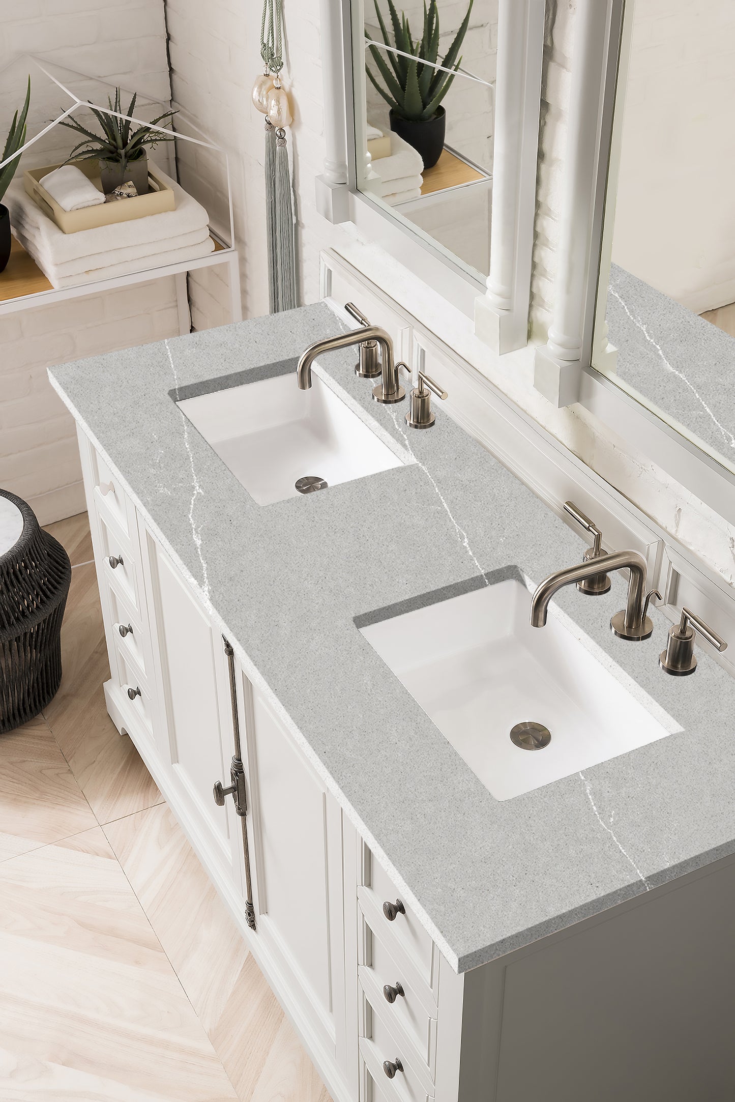 Providence 60" Double Vanity Cabinet, Bright White, w/ 3 CM Eternal Serena Quartz Top James Martin