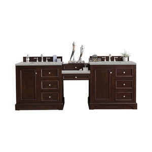 De Soto 94" Double Vanity Set, Burnished Mahogany w/ Makeup Table, 3 CM Eternal Serena Quartz Top James Martin