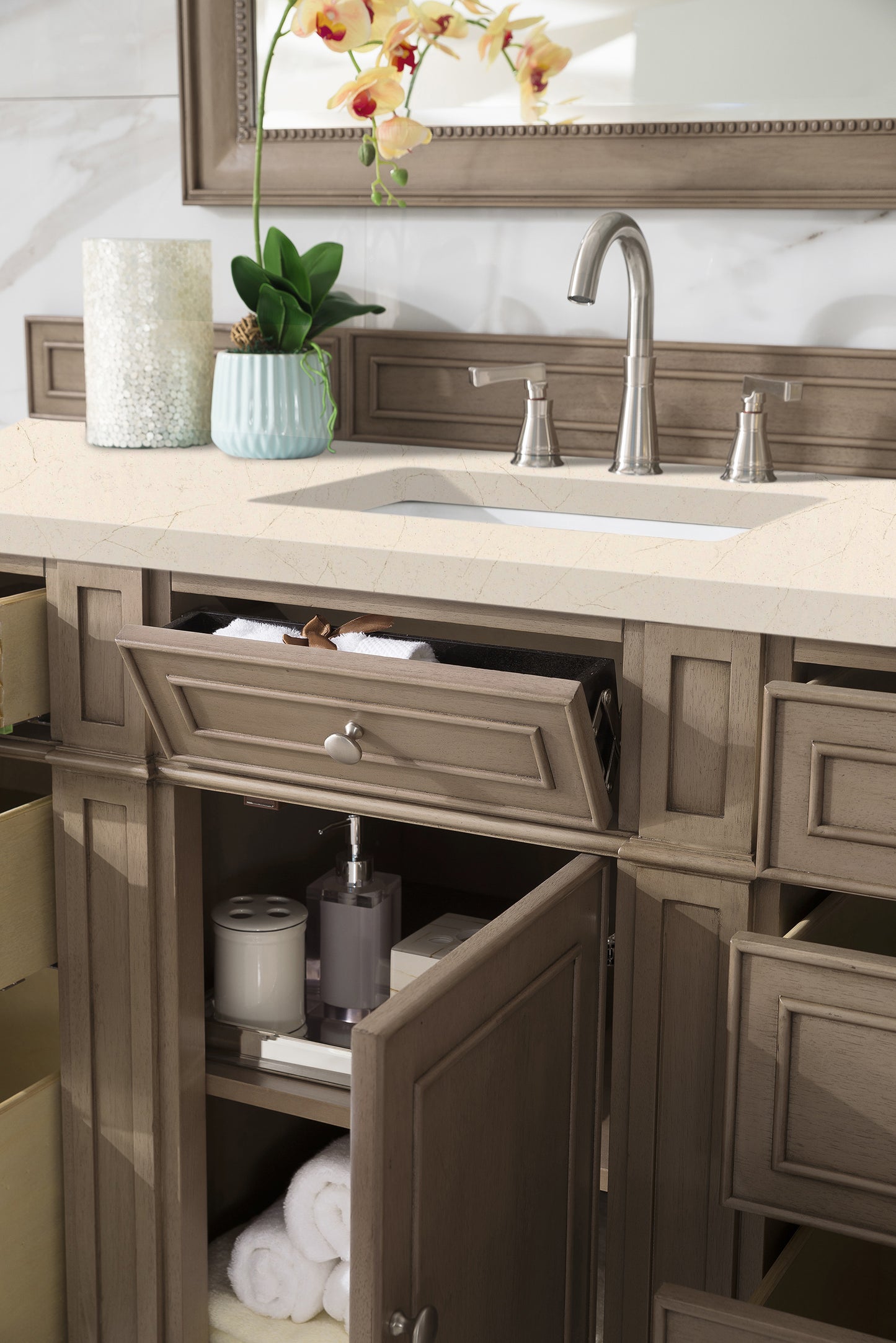 Bristol 60" Single Vanity, Whitewashed Walnut, w/ 3 CM Eternal Marfil Quartz Top James Martin Vanities