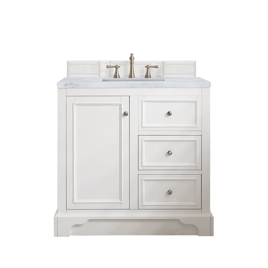 De Soto 36" Single Vanity, Bright White w/ 3 CM Carrara Marble Top James Martin Vanities