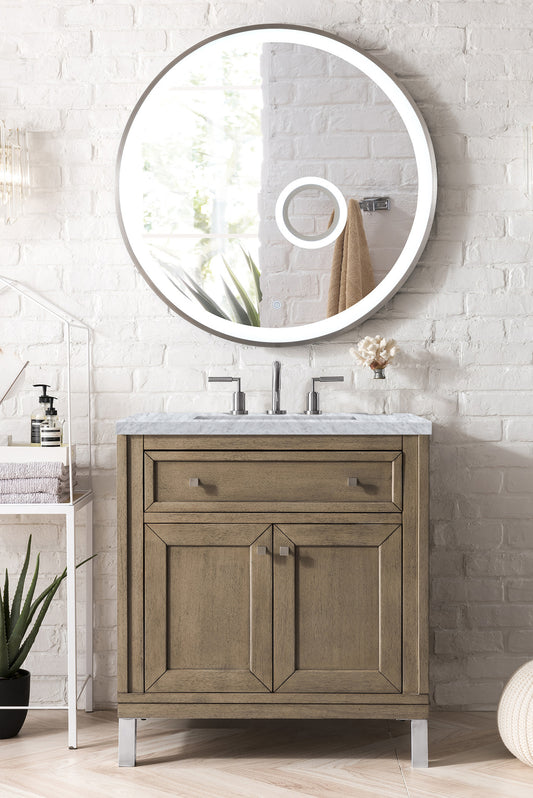 Chicago 30" Single Vanity, Whitewashed Walnut w/ 3 CM Carrara Marble Top James Martin Vanities