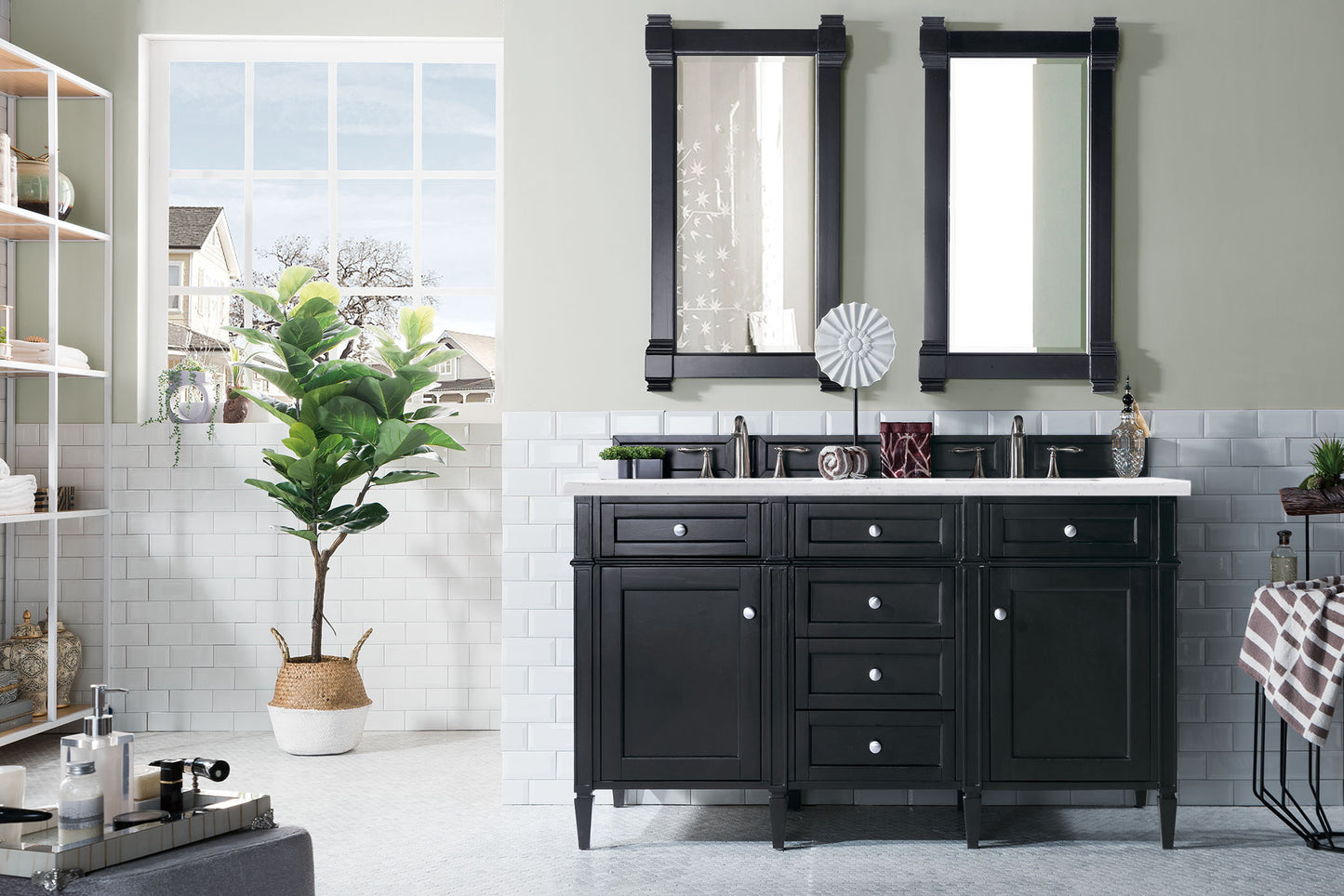 Brittany 60" Black Onyx Double Vanity w/ 3 CM Arctic Fall Solid Surface Top James Martin Vanities