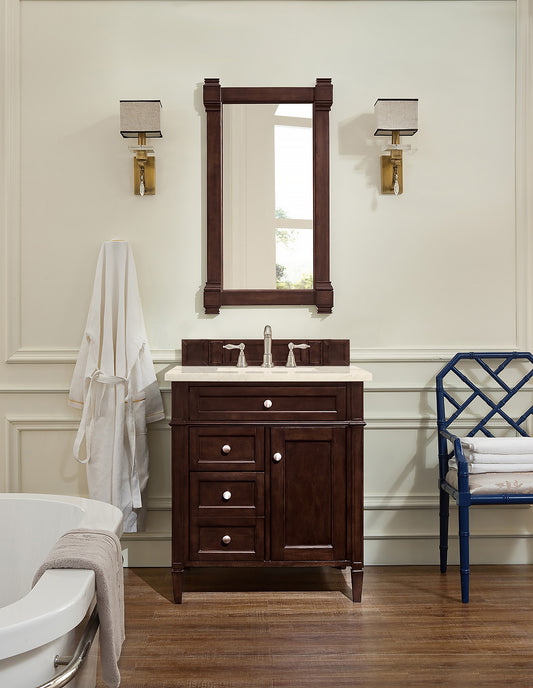 Brittany 30" Single Vanity, Burnished Mahogany, w/ 3 CM Eternal Marfil Quartz Top James Martin Vanities