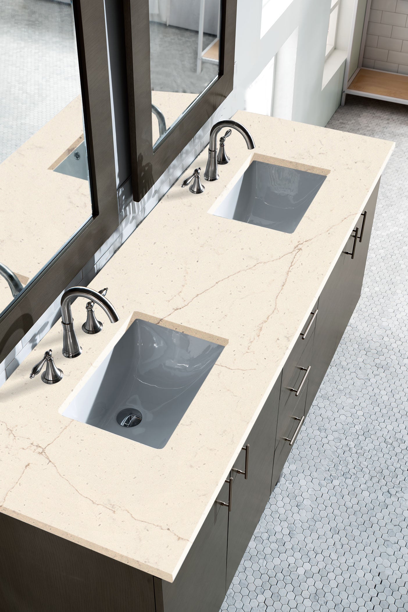 Metropolitan 72" Double Vanity, Silver Oak, w/ 3 CM Eternal Marfil Quartz Top James Martin Vanities