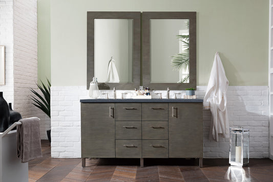 Metropolitan 60" Double Vanity, Silver Oak, w/ 3 CM Charcoal Soapstone Quartz Top James Martin Vanities
