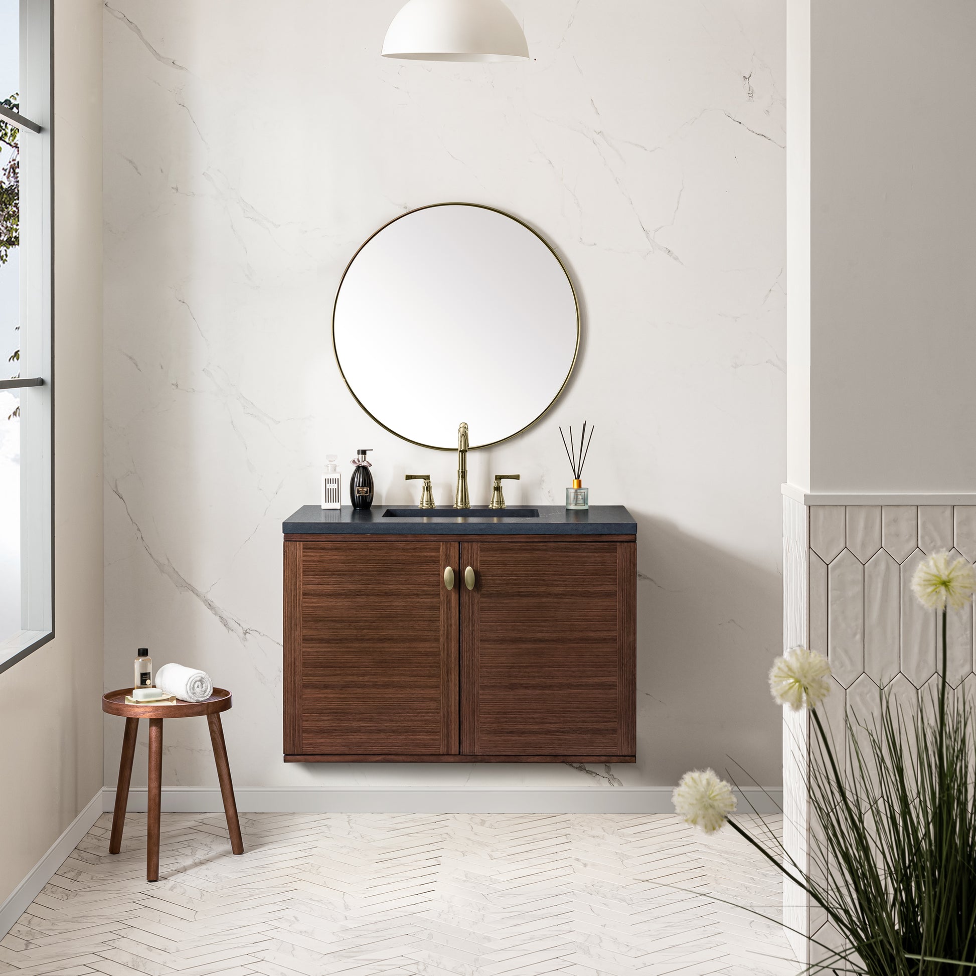 Amberly 36" Single Vanity, Mid-Century Walnut w/ 3CM Charcoal Soapstone Top James Martin Vanities