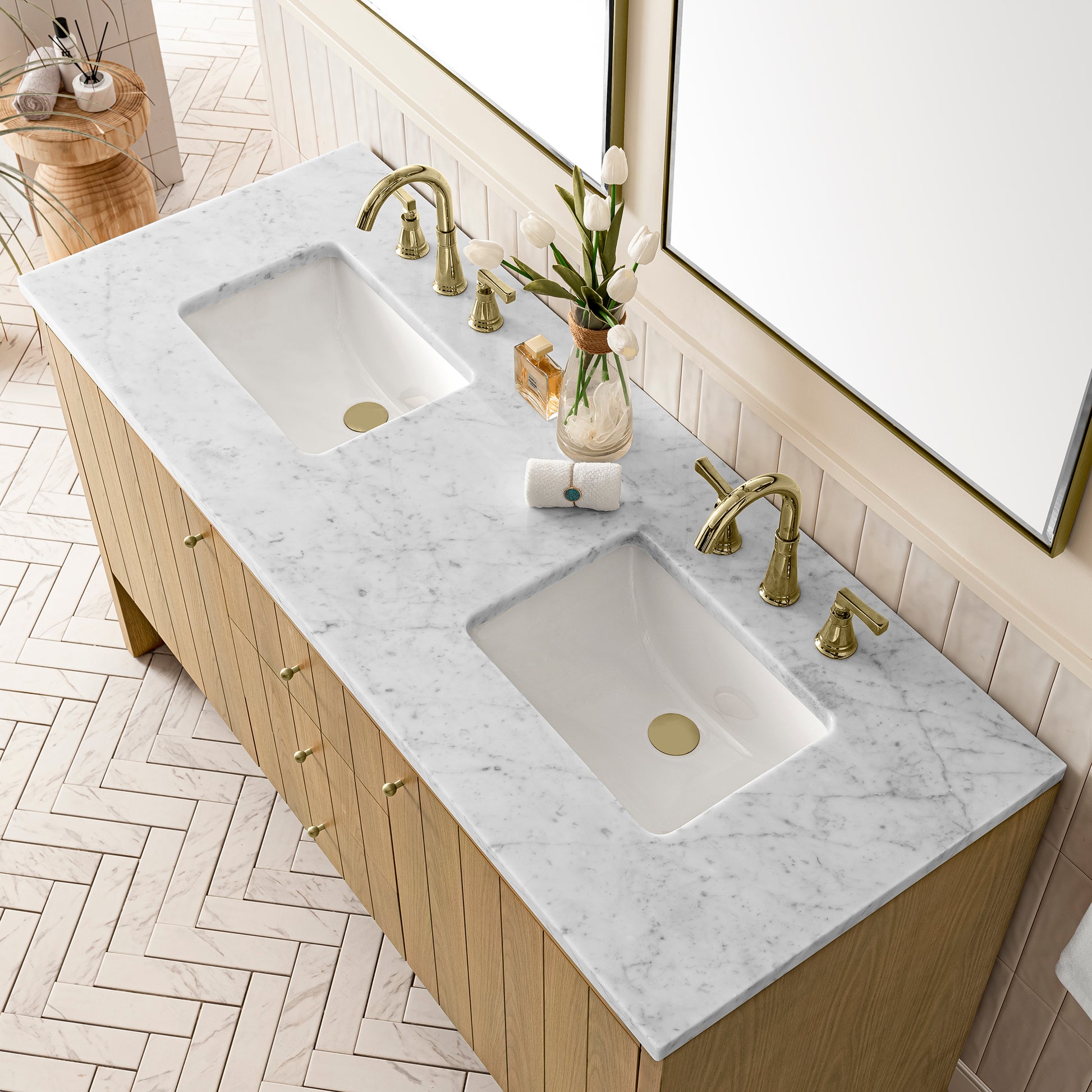 Hudson 60" Double Vanity, Light Natural Oak w/ 3CM Carrara Marble Top James Martin Vanities