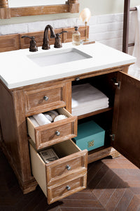 Providence 36" Single Vanity Cabinet, Driftwood, w/ 3 CM Classic White Quartz Top James Martin