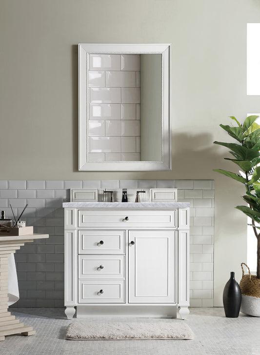 Bristol 36" Single Vanity, Bright White, w/ 3 CM Carrara Marble Top James Martin Vanities