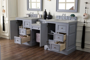 De Soto 82" Double Vanity Set, Silver Gray w/ Makeup Table, 3 CM Eternal Serena Quartz Top James Martin