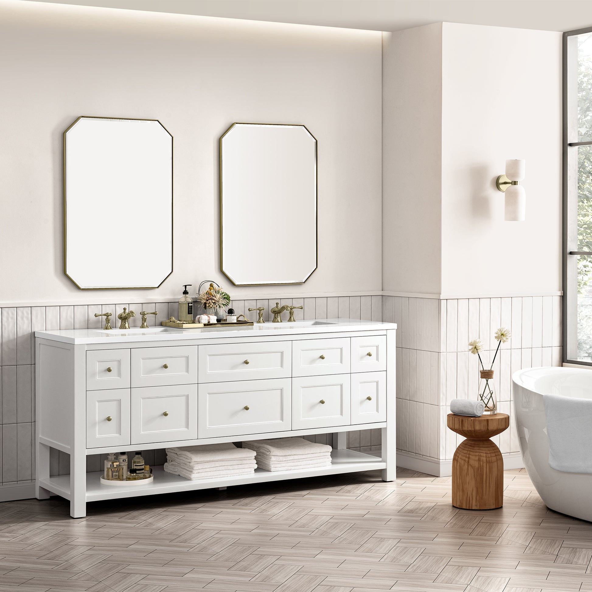 Breckenridge 72" Double Vanity, Bright White w/ 3CM White Zeus Top James Martin Vanities