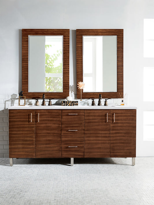 Metropolitan 72" American Walnut Double Vanity w/ 3 CM Arctic Fall Solid Surface Top James Martin Vanities
