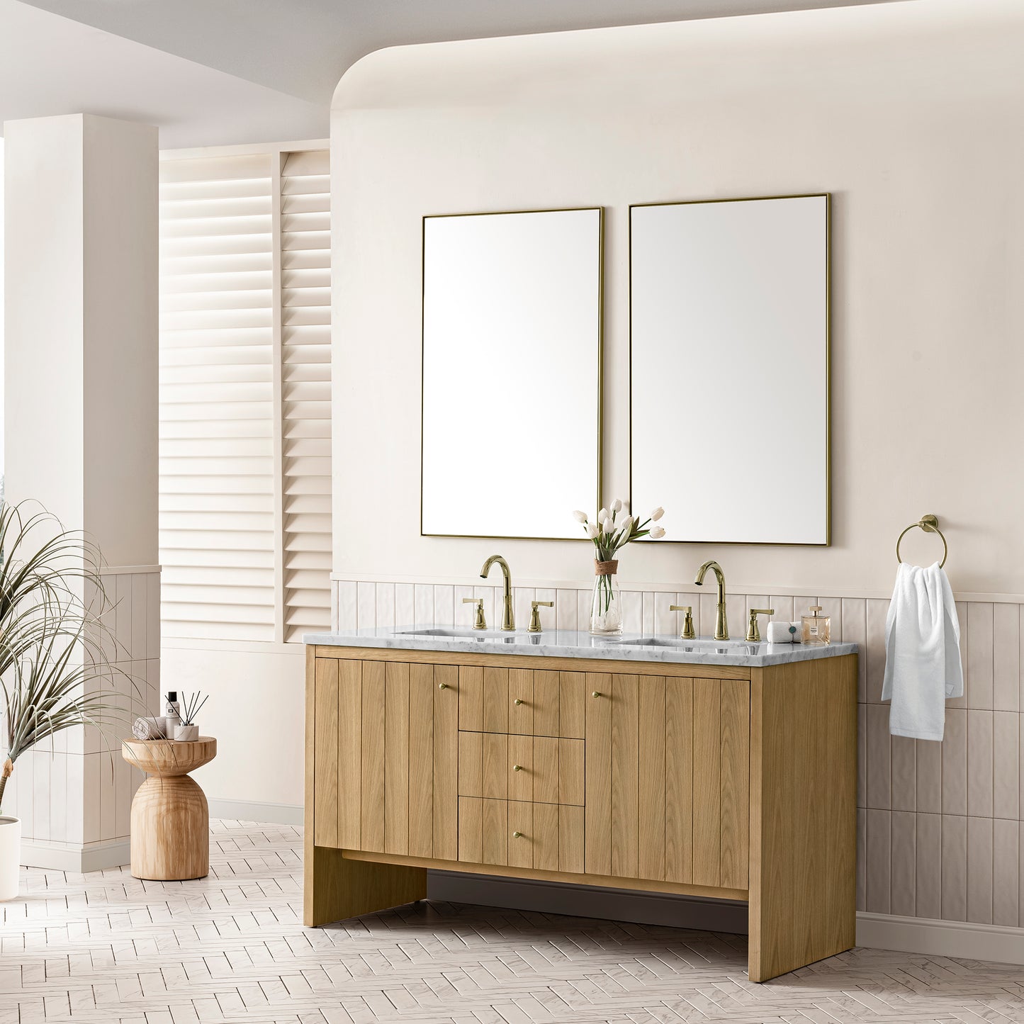 Hudson 60" Double Vanity, Light Natural Oak w/ 3CM Arctic Fall Top James Martin Vanities