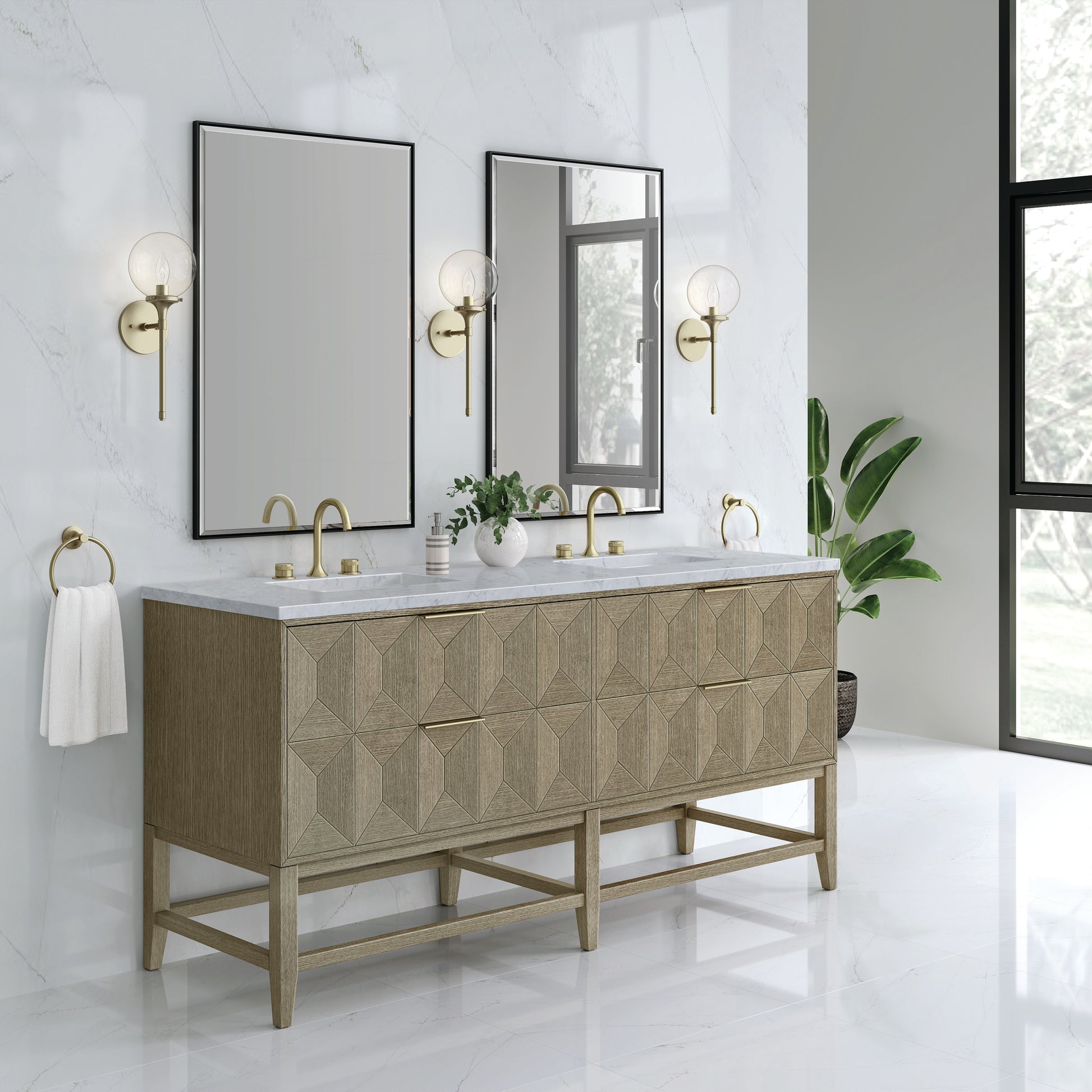 Emmeline 72" Double Vanity, Pebble Oak w/ 3CM Carrara Marble Top James Martin Vanities
