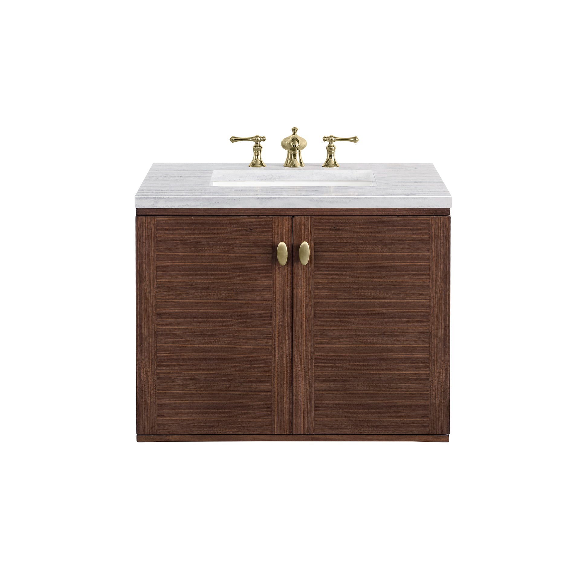 Amberly 30" Single Vanity, Mid-Century Walnut w/ 3CM Arctic Fall Top James Martin Vanities
