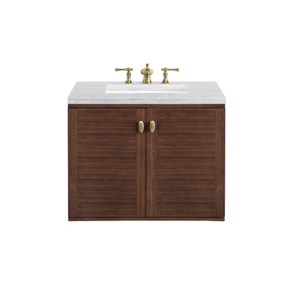 Amberly 30" Single Vanity, Mid-Century Walnut w/ 3CM Arctic Fall Top James Martin Vanities