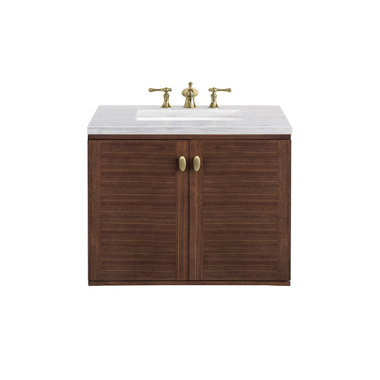 Amberly 30" Single Vanity, Mid-Century Walnut w/ 3CM Arctic Fall Top James Martin Vanities