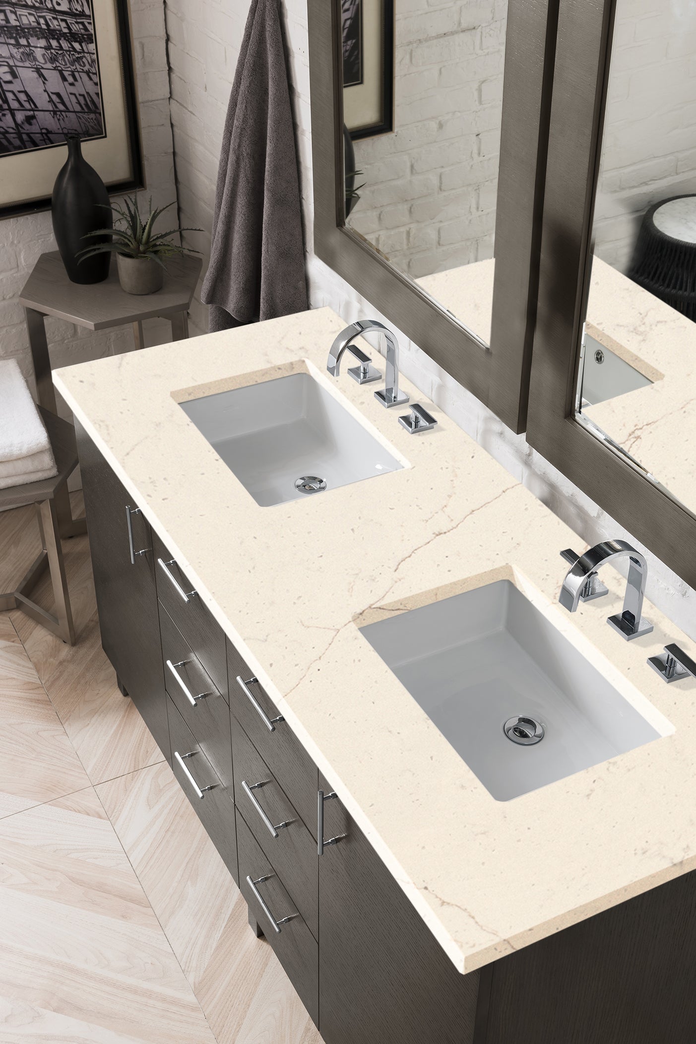 Metropolitan 60" Double Vanity, Silver Oak, w/ 3 CM Eternal Marfil Quartz Top James Martin Vanities