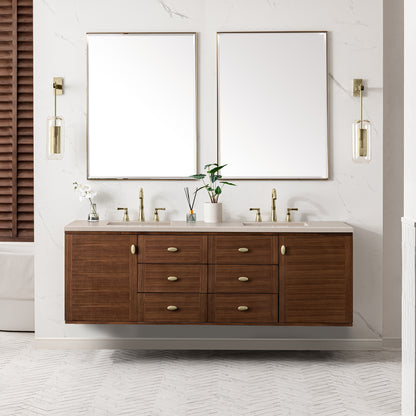 Amberly 72" Double Vanity, Mid-Century Walnut w/ 3CM Eternal Marfil Top James Martin Vanities