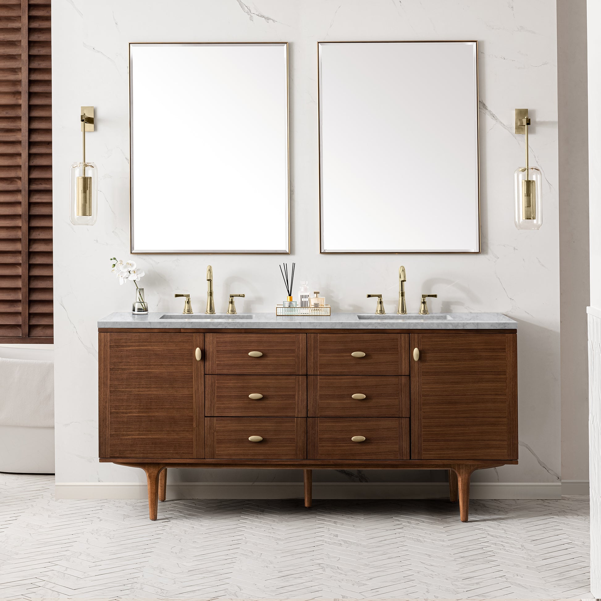 Amberly 72" Double Vanity, Mid-Century Walnut w/ 3CM Carrara Marble Top James Martin Vanities