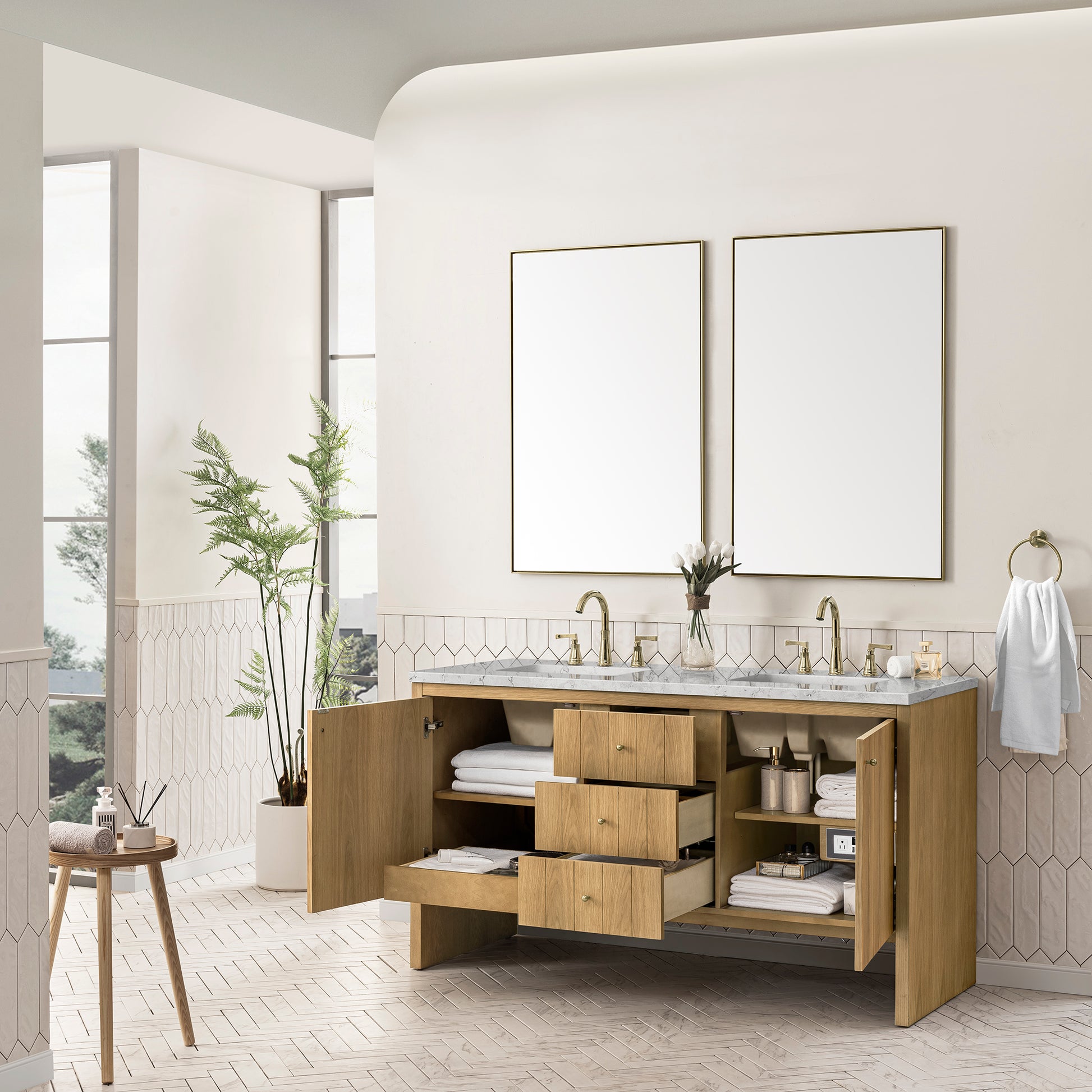 Hudson 60" Double Vanity, Light Natural Oak w/ 3CM Eternal Jasmine Pearl Top James Martin Vanities
