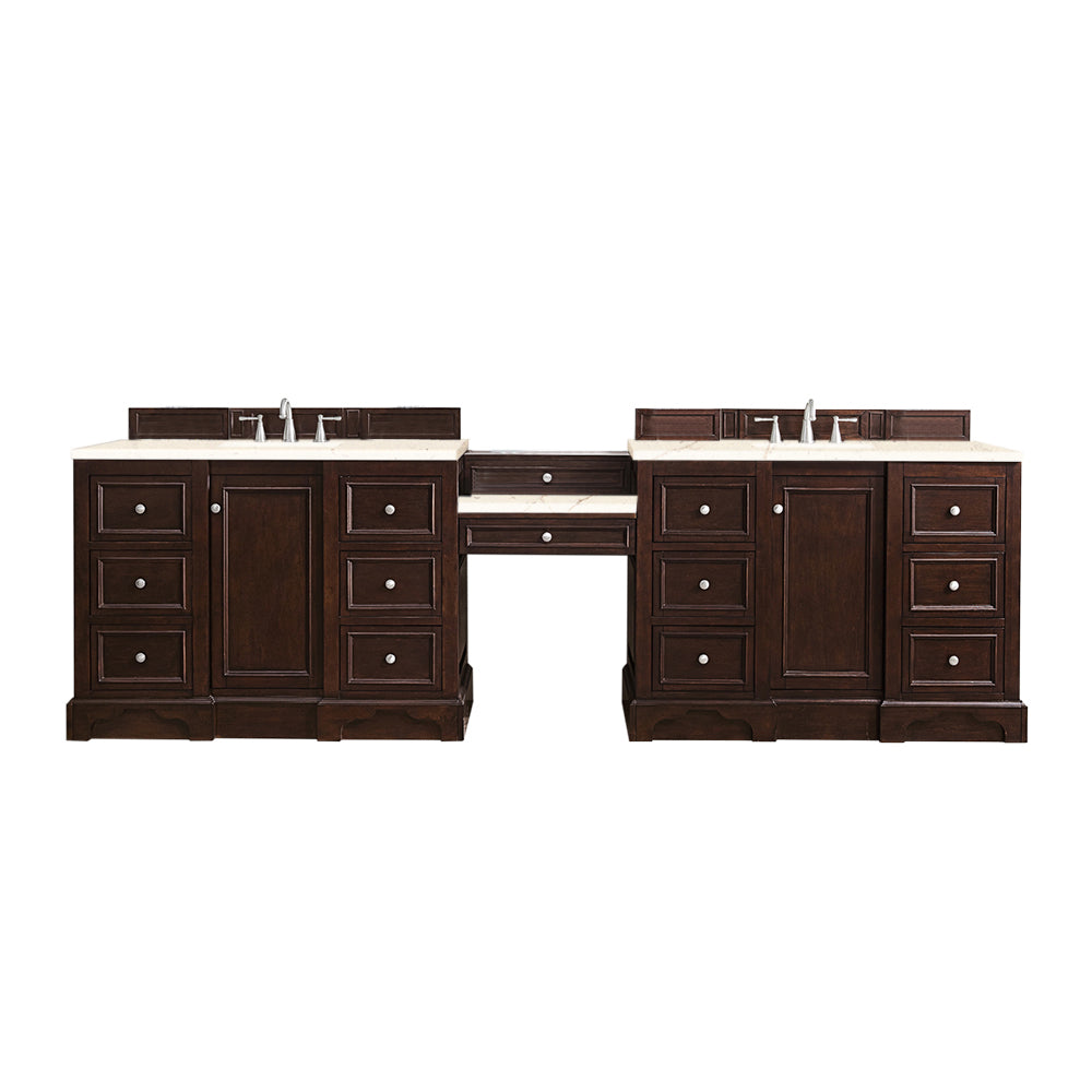 De Soto 118" Double Vanity Set, Burnished Mahogany w/ Makeup Table, 3 CM Eternal Marfil Quartz Top James Martin
