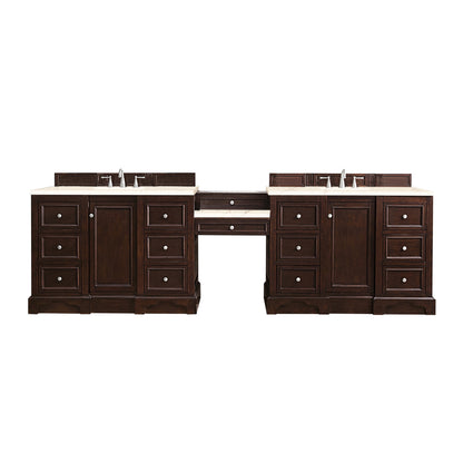De Soto 118" Double Vanity Set, Burnished Mahogany w/ Makeup Table, 3 CM Eternal Marfil Quartz Top James Martin