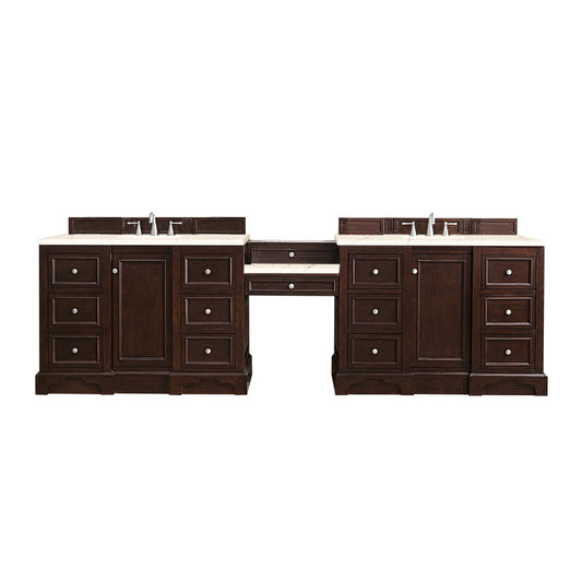 De Soto 118" Double Vanity Set, Burnished Mahogany w/ Makeup Table, 3 CM Eternal Marfil Quartz Top James Martin