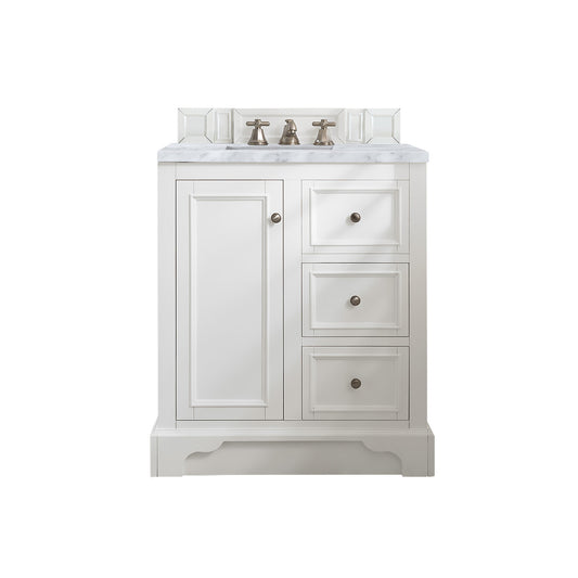 De Soto 30" Single Vanity, Bright White w/ 3 CM Carrara Marble Top James Martin Vanities