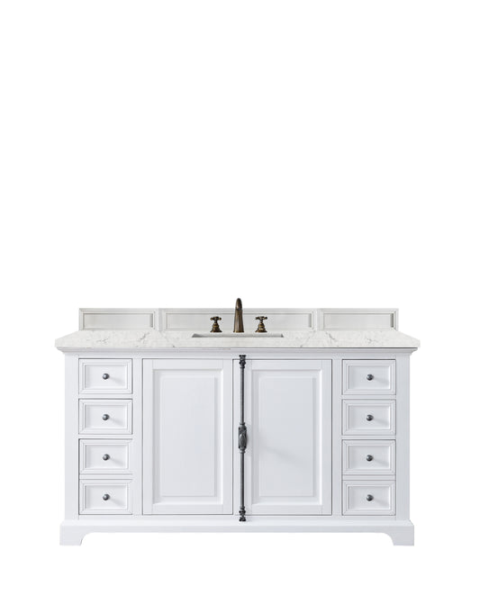 Providence 60" Single Vanity Cabinet, Bright White, w/ 3 CM Eternal Jasmine Pearl Quartz Top James Martin