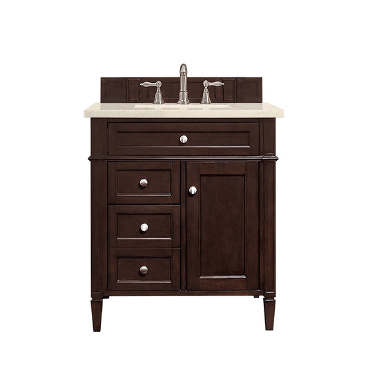 Brittany 30" Single Vanity, Burnished Mahogany, w/ 3 CM Eternal Marfil Quartz Top James Martin Vanities