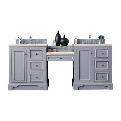 De Soto 82" Double Vanity Set, Silver Gray w/ Makeup Table, 3 CM Eternal Marfil Quartz Top James Martin