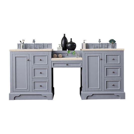 De Soto 82" Double Vanity Set, Silver Gray w/ Makeup Table, 3 CM Eternal Marfil Quartz Top James Martin