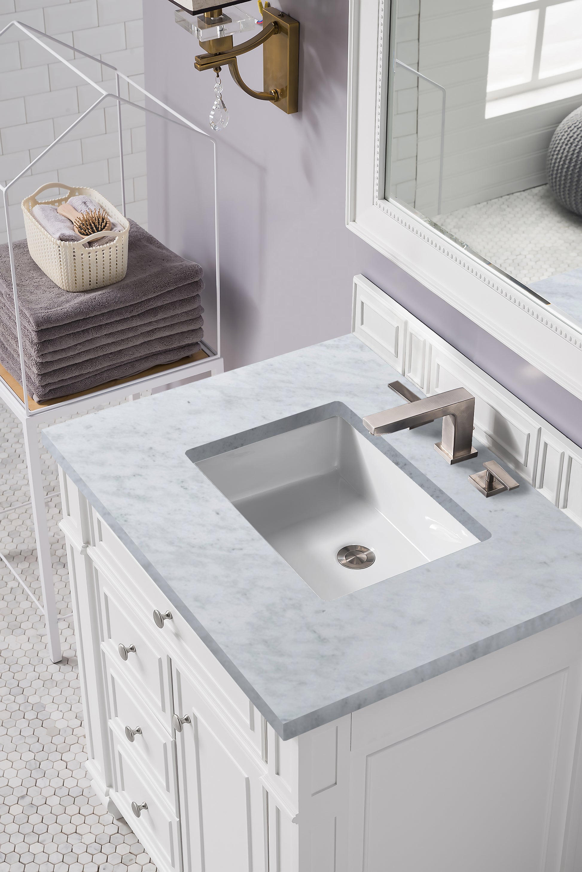 Bristol 30" Single Vanity, Bright White, w/ 3 CM Carrara Marble Top James Martin Vanities
