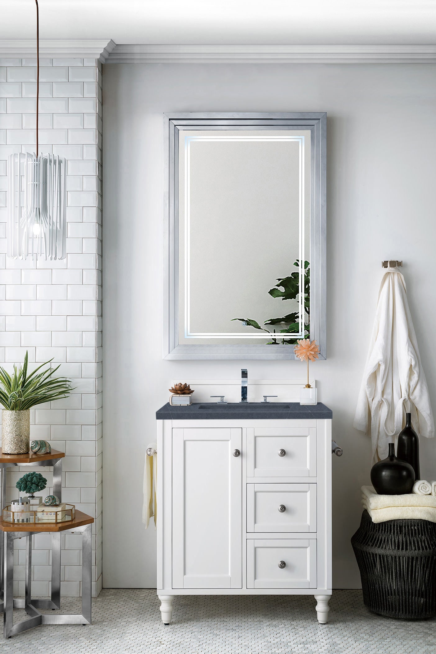 Copper Cove Encore 30" Single Vanity, Bright White w/ 3 CM Charcoal Soapstone Quartz Top James Martin Vanities