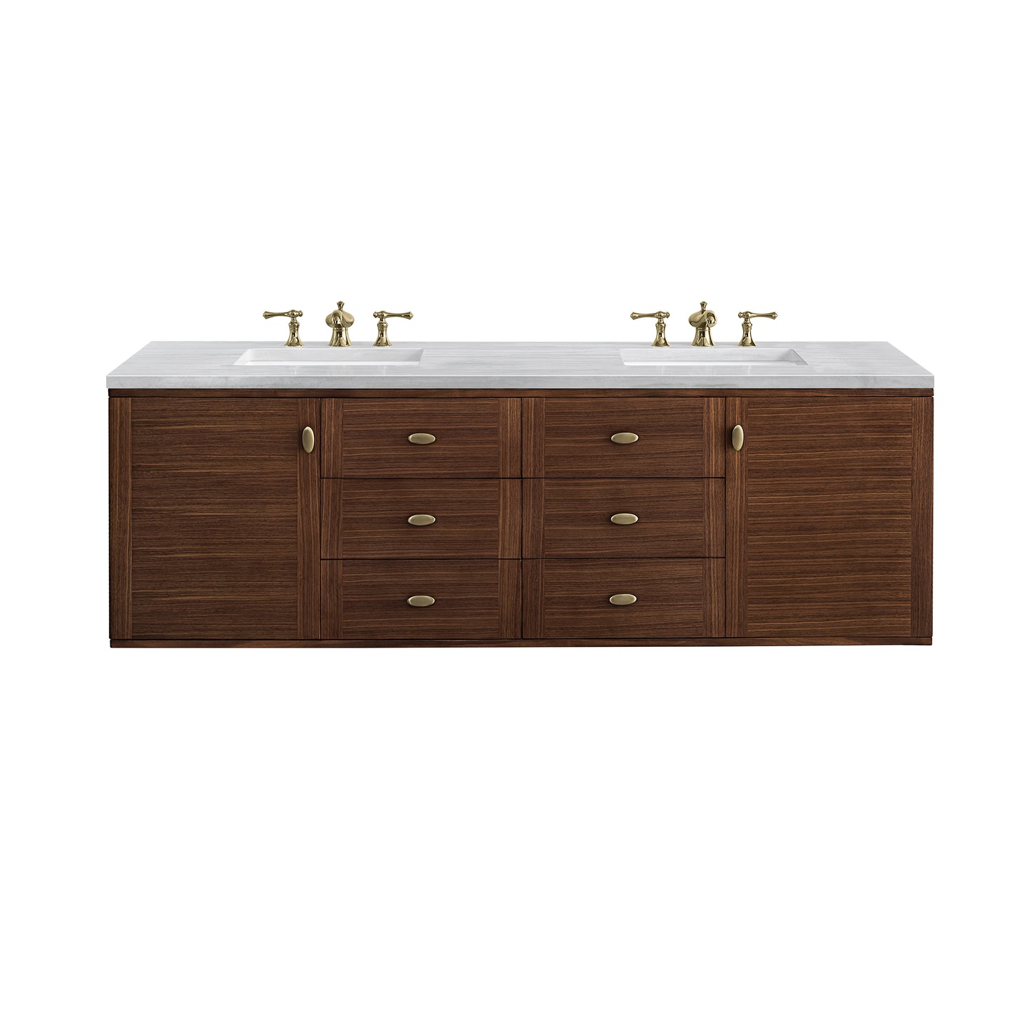 Amberly 72" Double Vanity, Mid-Century Walnut w/ 3CM Arctic Fall Top James Martin Vanities