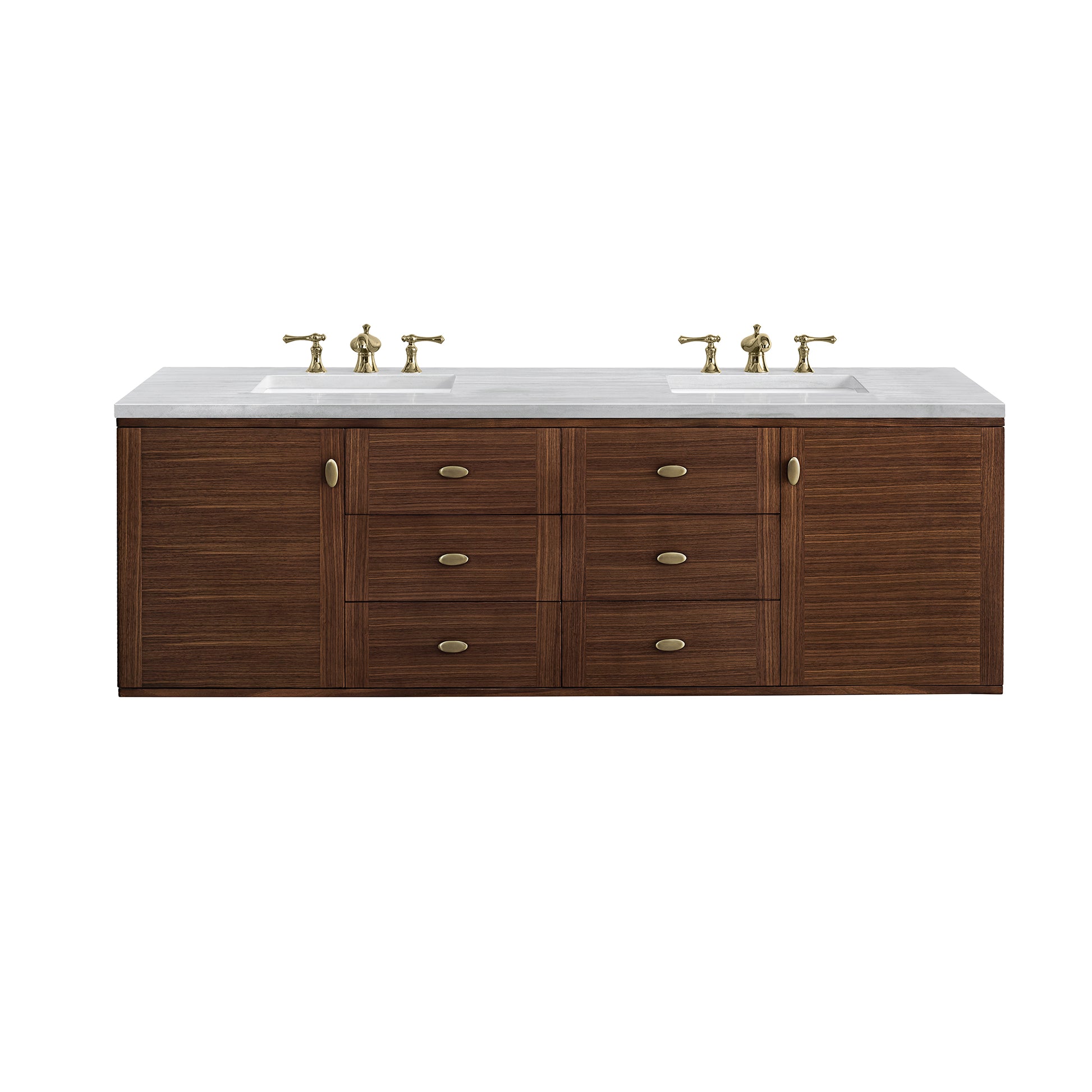 Amberly 72" Double Vanity, Mid-Century Walnut w/ 3CM Arctic Fall Top James Martin Vanities