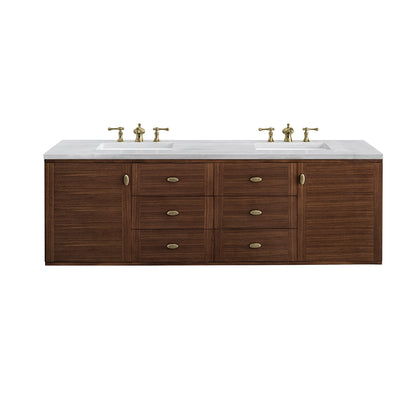 Amberly 72" Double Vanity, Mid-Century Walnut w/ 3CM Arctic Fall Top James Martin Vanities