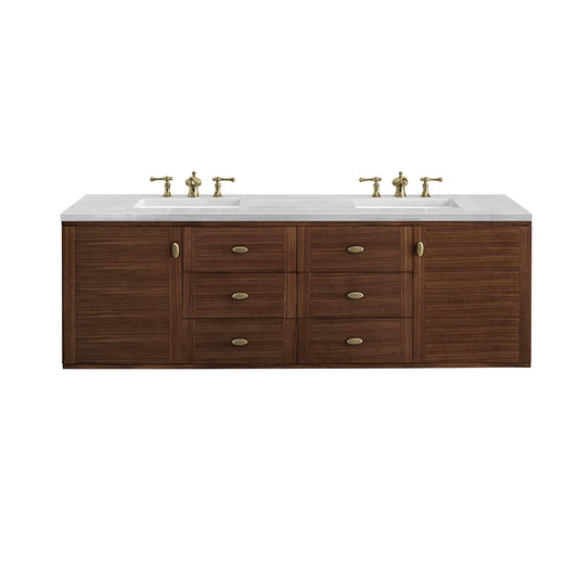 Amberly 72" Double Vanity, Mid-Century Walnut w/ 3CM Arctic Fall Top James Martin Vanities